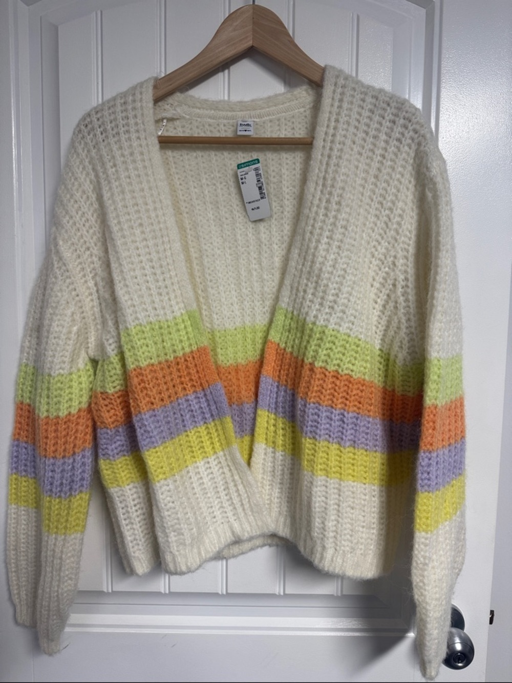 Simons Cream Waffle-Knit Cardigan with Pastel Stripe Bands